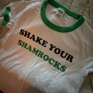 PINK Victoria's Secret White St Patrick’s Day T-Shirt “shake your shamrocks”NWOT